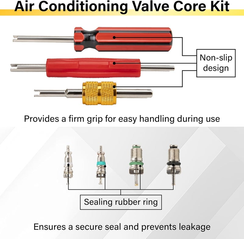 ecocstm 39 PCS Air Conditioning Valve Core Accessories Kit, R12 R134a Refrigeration Schrader Tire Valve Stem Cores with Single & Dual Heads Valve Core Remover Installer Tool, HVAC System Seal Caps Kit - Image 4